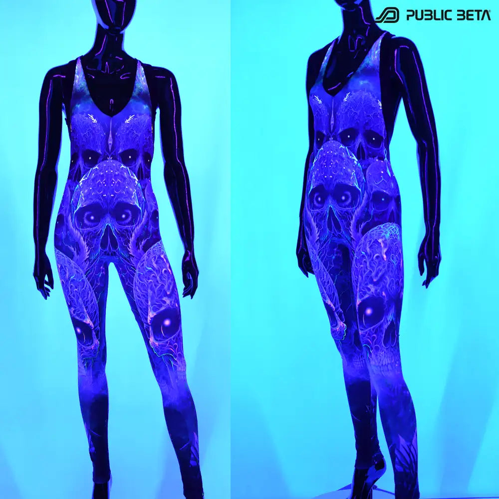 Jumpsuit with UV-reactive graphics glowing under blacklight front view
