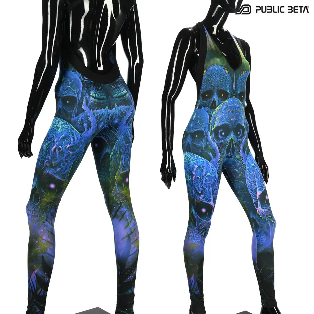 Jumpsuit with UV-reactive printed graphics, photographed in natural light back and side view
