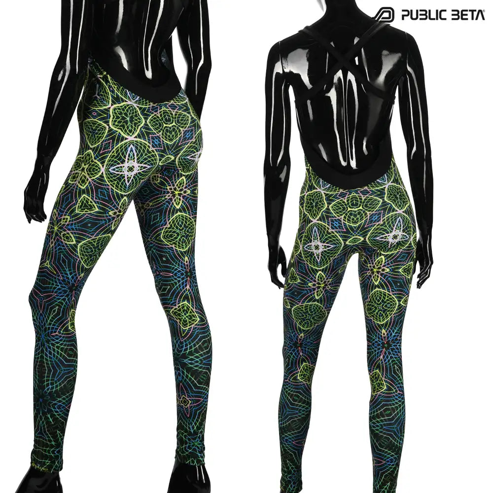 Jumpsuit with UV-reactive printed graphics, photographed in natural light back view