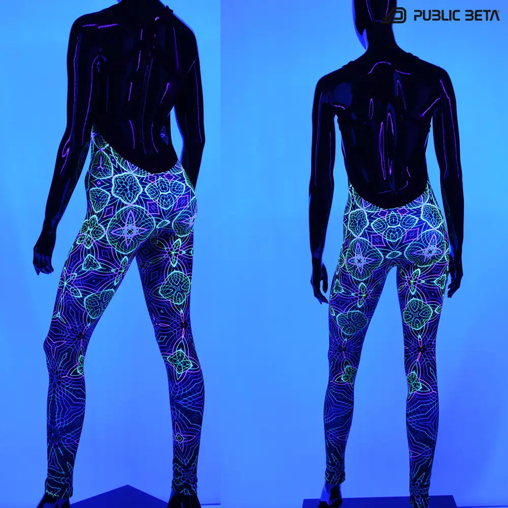 Jumpsuit with UV-reactive graphics glowing under blacklight back 