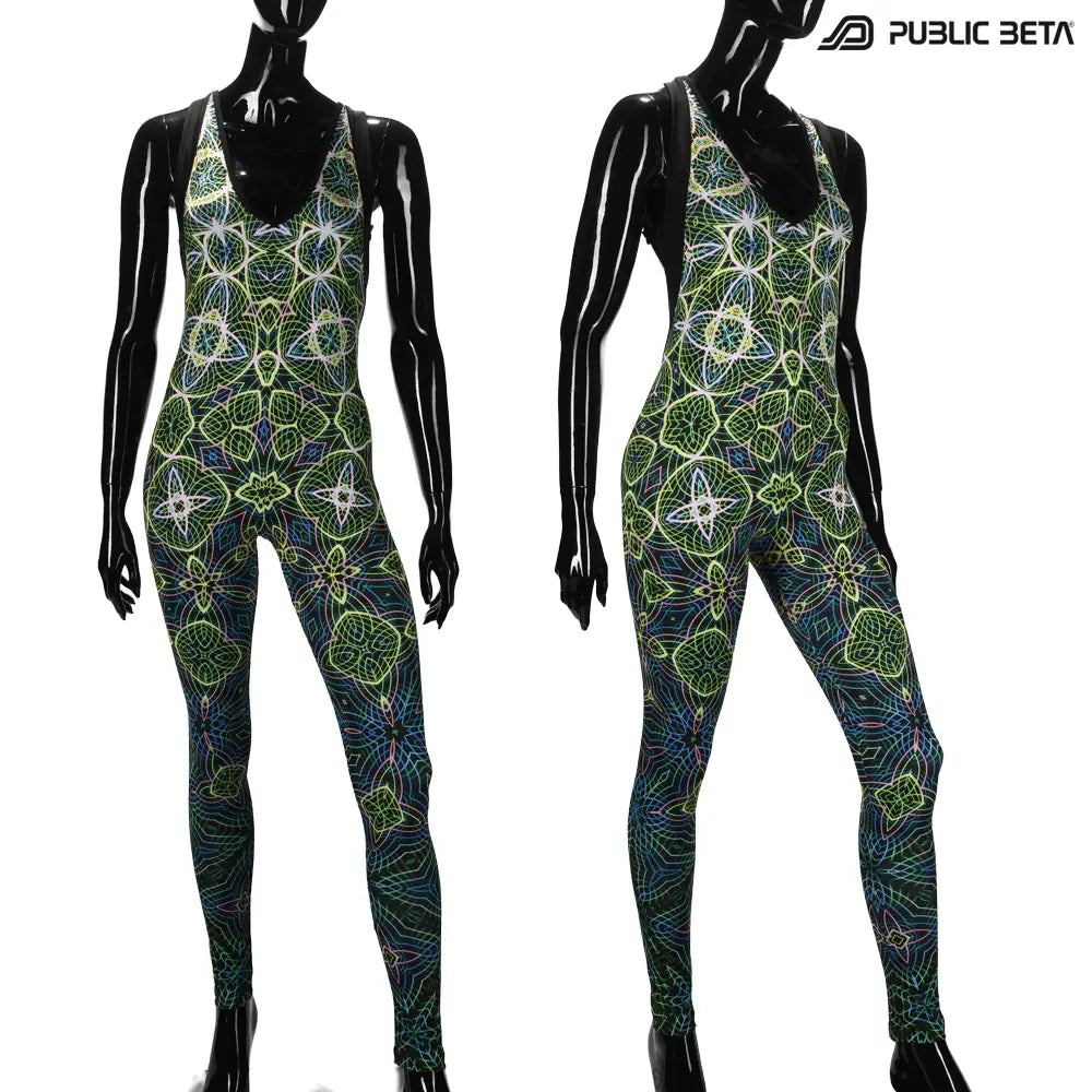 Jumpsuit with UV-reactive printed graphics, photographed in natural light front view