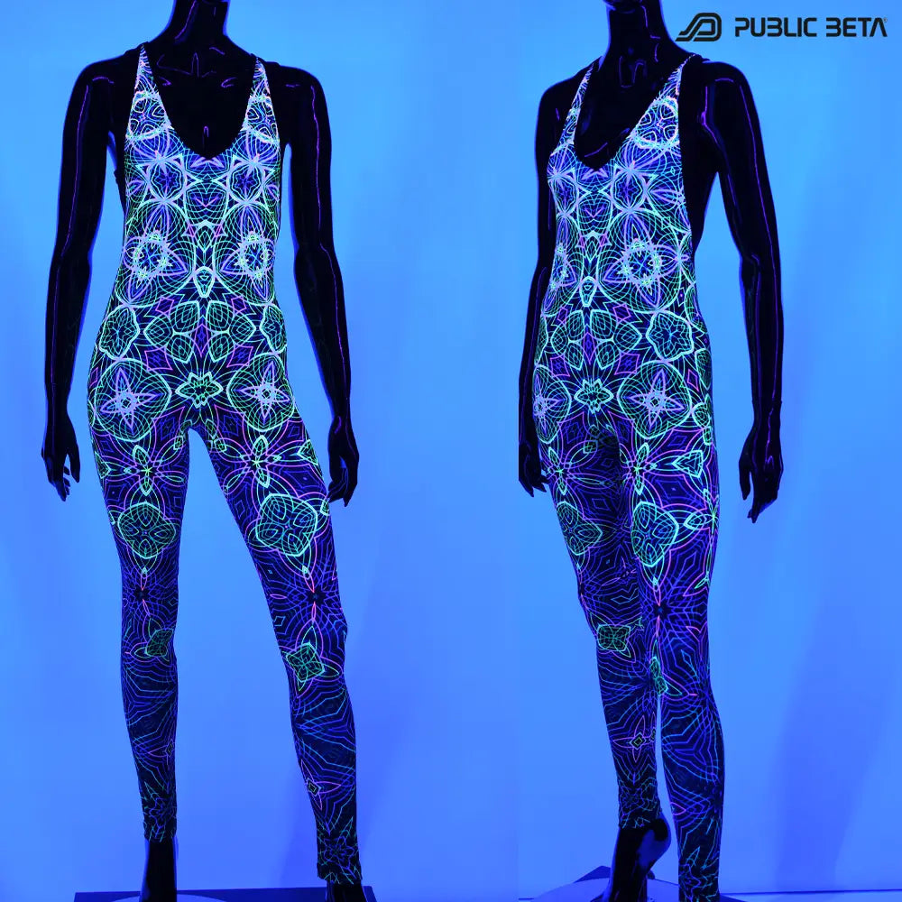 Jumpsuit with UV-reactive graphics glowing under blacklight front