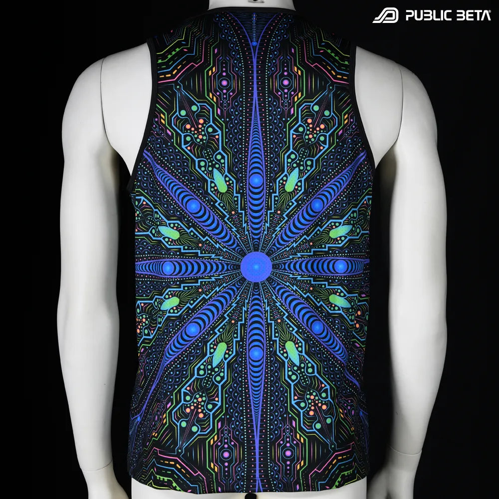 Sleeveless Shirt with UV-reactive printed graphics, photographed in natural light back view