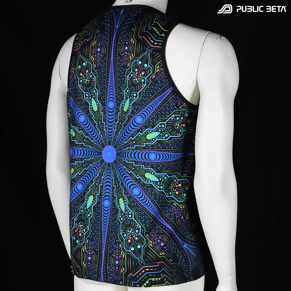 Sleeveless Shirt with UV-reactive printed graphics, photographed in natural light back view