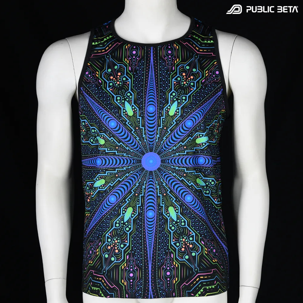 Sleeveless Shirt with UV-reactive printed graphics, photographed in natural light front view