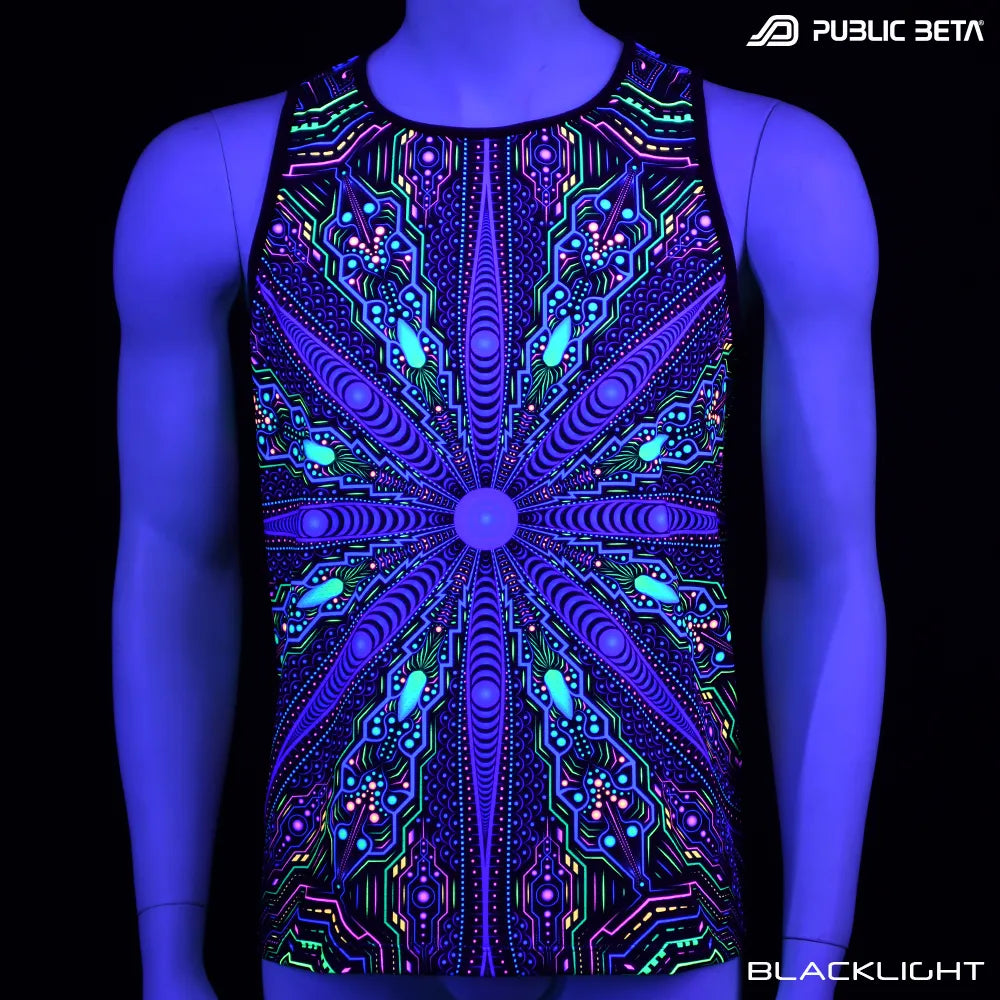 Sleeveless Shirt with UV-reactive psychedelic art print glowing under blacklight