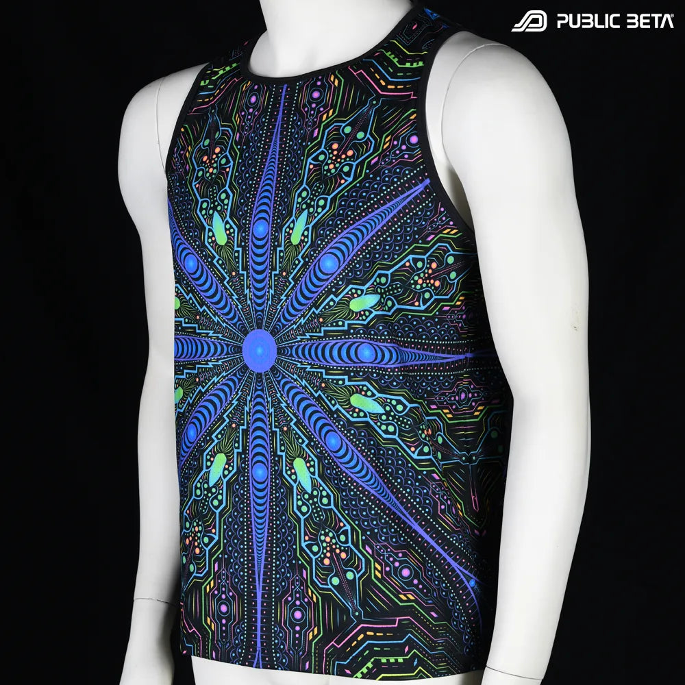 Sleeveless Shirt with UV-reactive printed graphics, photographed in natural light front view