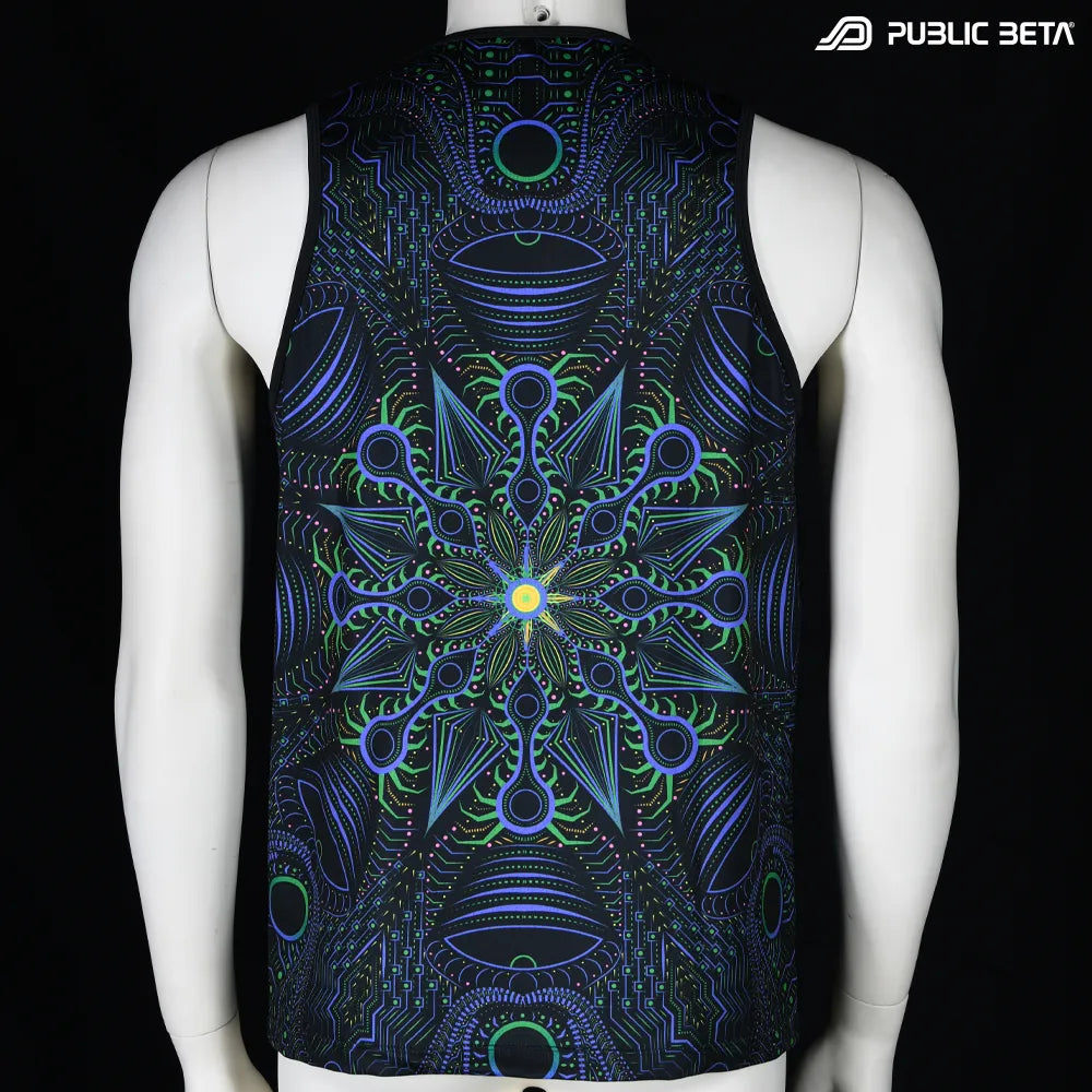 Sleeveless Shirt with UV-reactive psychedelic art print, photographed in natural light