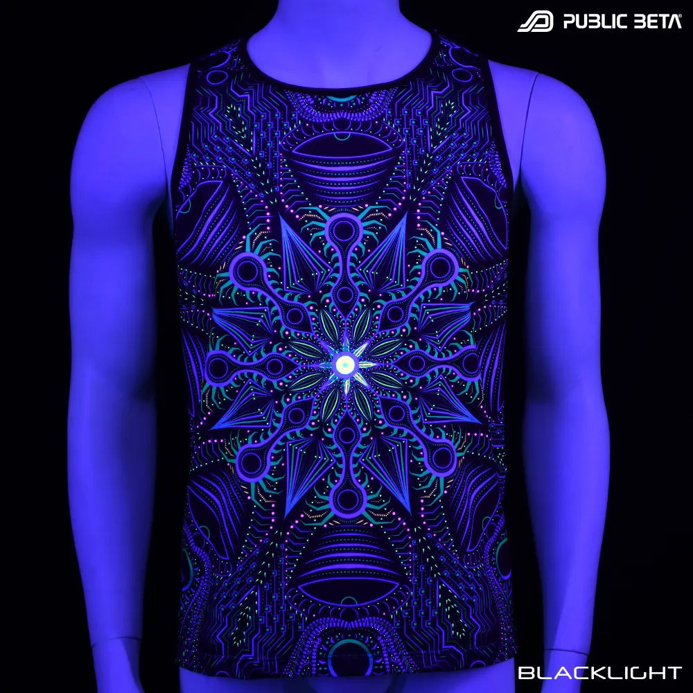 Sleeveless shirt with UV-reactive psychedelic print glowing under blacklight