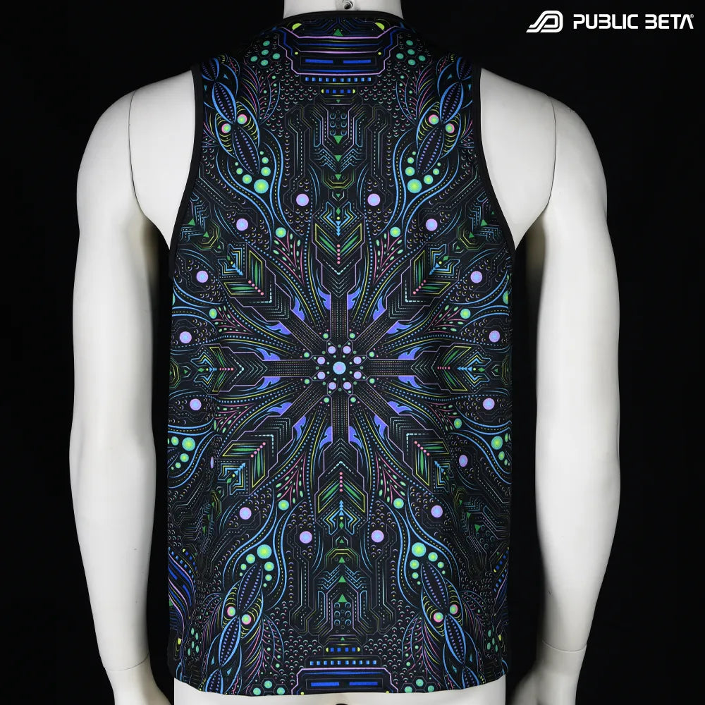 Sleeveless shirt with all-over UV-reactive print, photographed in natural light