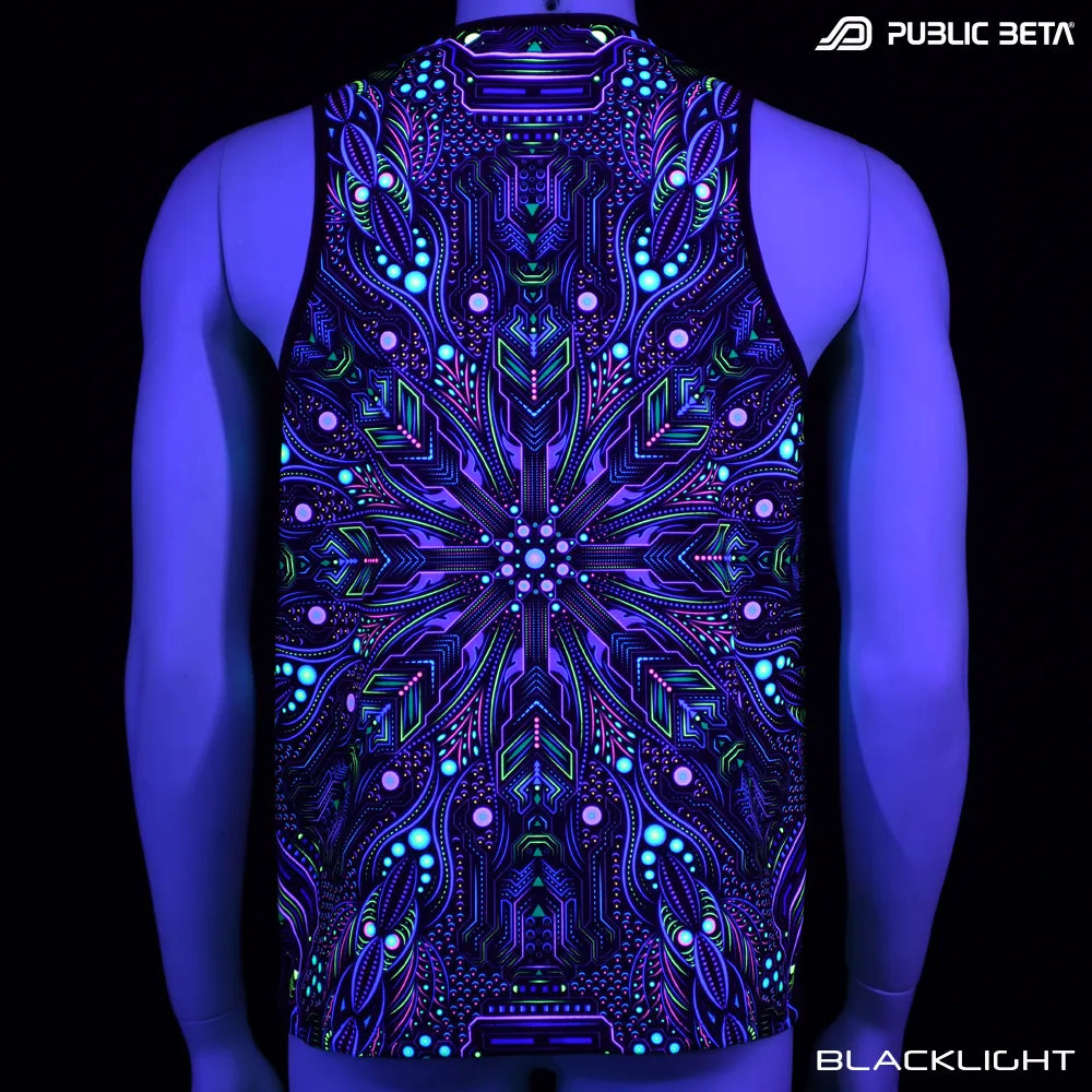 Sleeveless Shirt with UV-reactive psychedelic art print glowing under blacklight