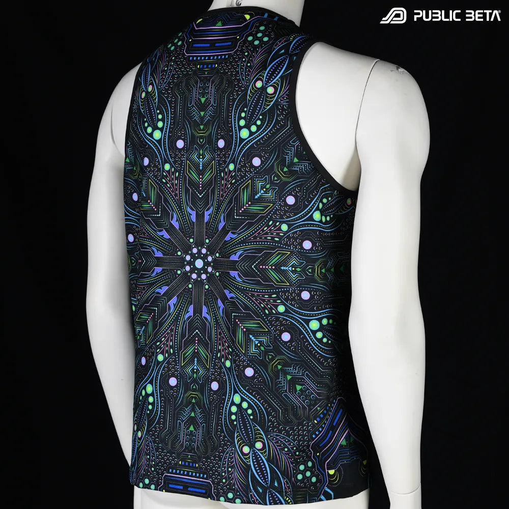 Sleeveless shirt with all-over UV-reactive print, photographed in natural light