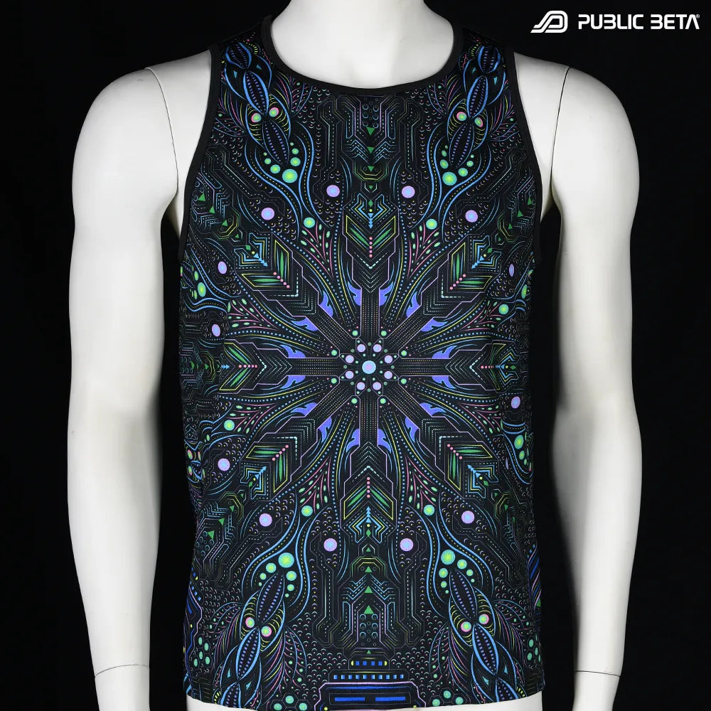 Sleeveless shirt with all-over UV-reactive print, photographed in natural light