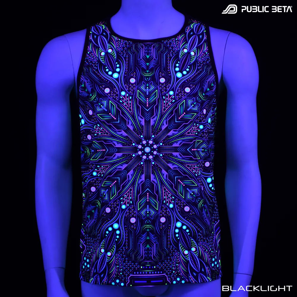 Sleeveless Shirt with UV-reactive psychedelic art print glowing under blacklight