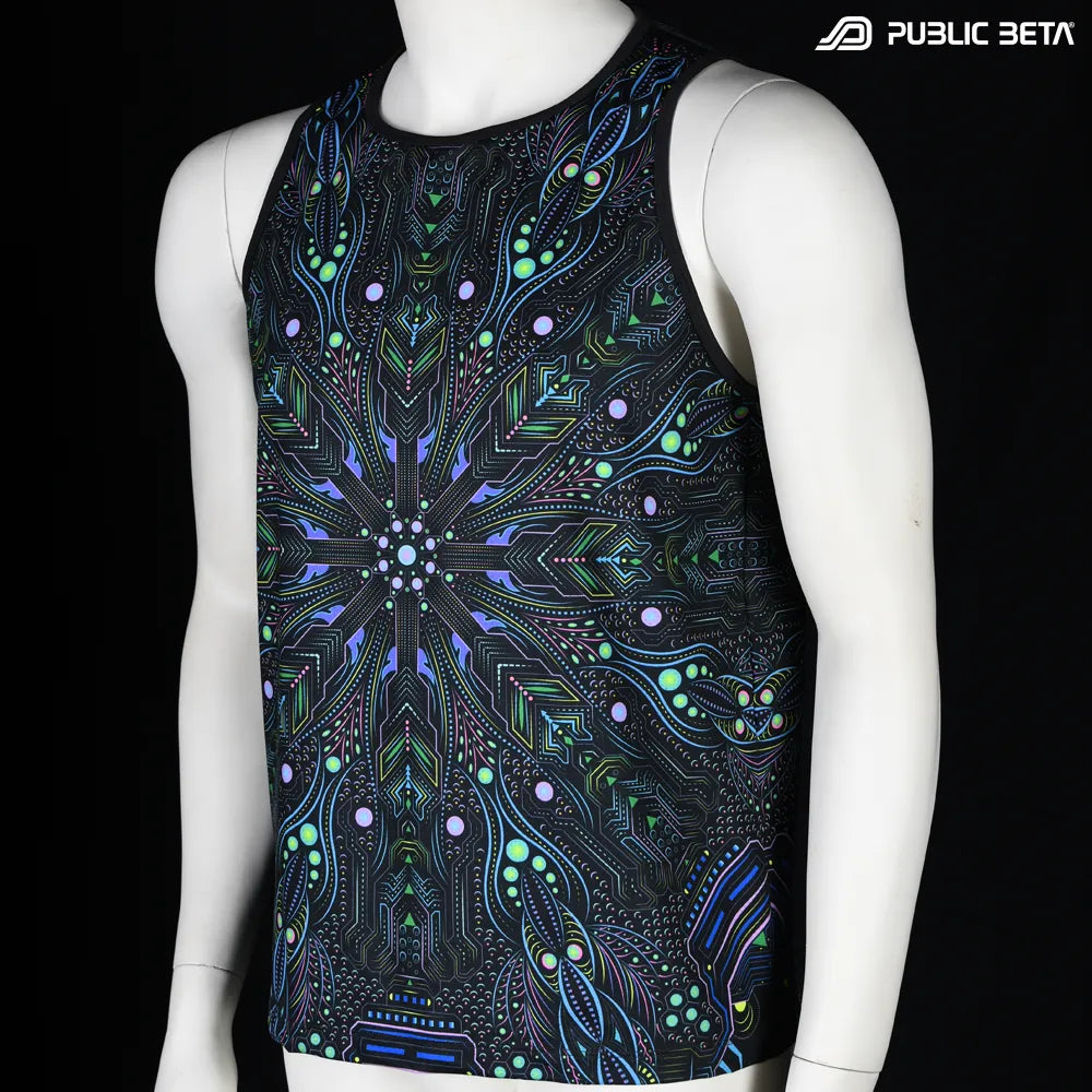 Sleeveless shirt with all-over UV-reactive print, photographed in natural light