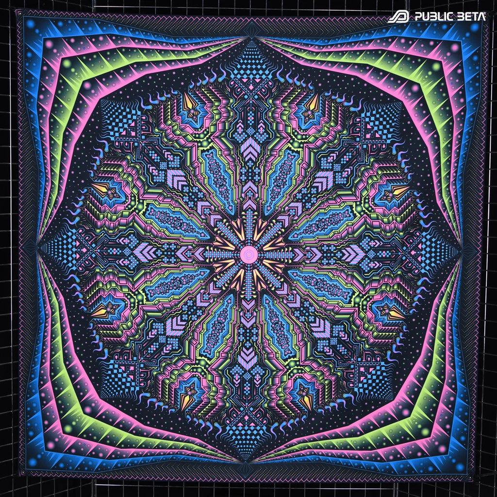Wallhanging with UV reactive mandala art print glowing under blacklight