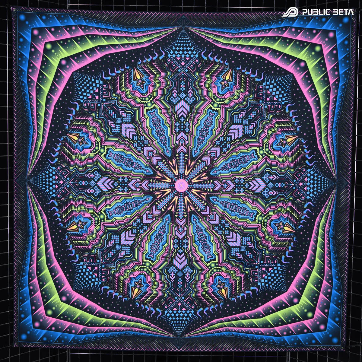 Wallhanging with UV reactive mandala art print glowing under blacklight