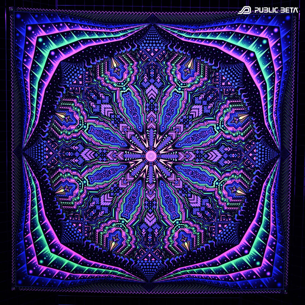 Wallhanging with UV reactive psychedelic art print glowing under blacklight