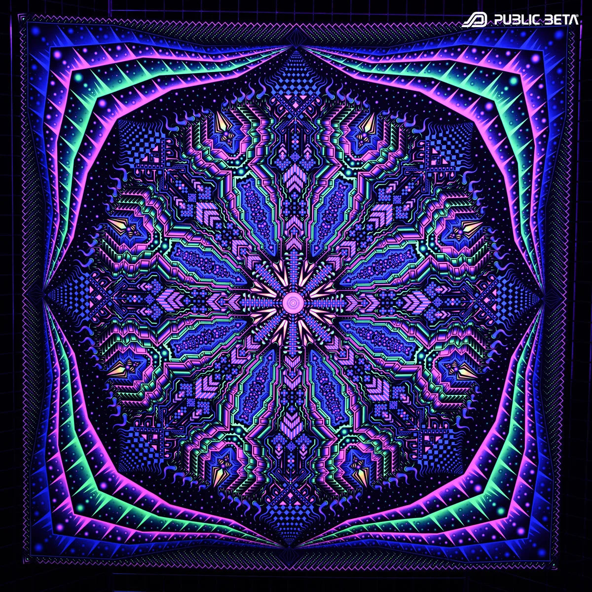 Wallhanging with UV reactive psychedelic art print glowing under blacklight