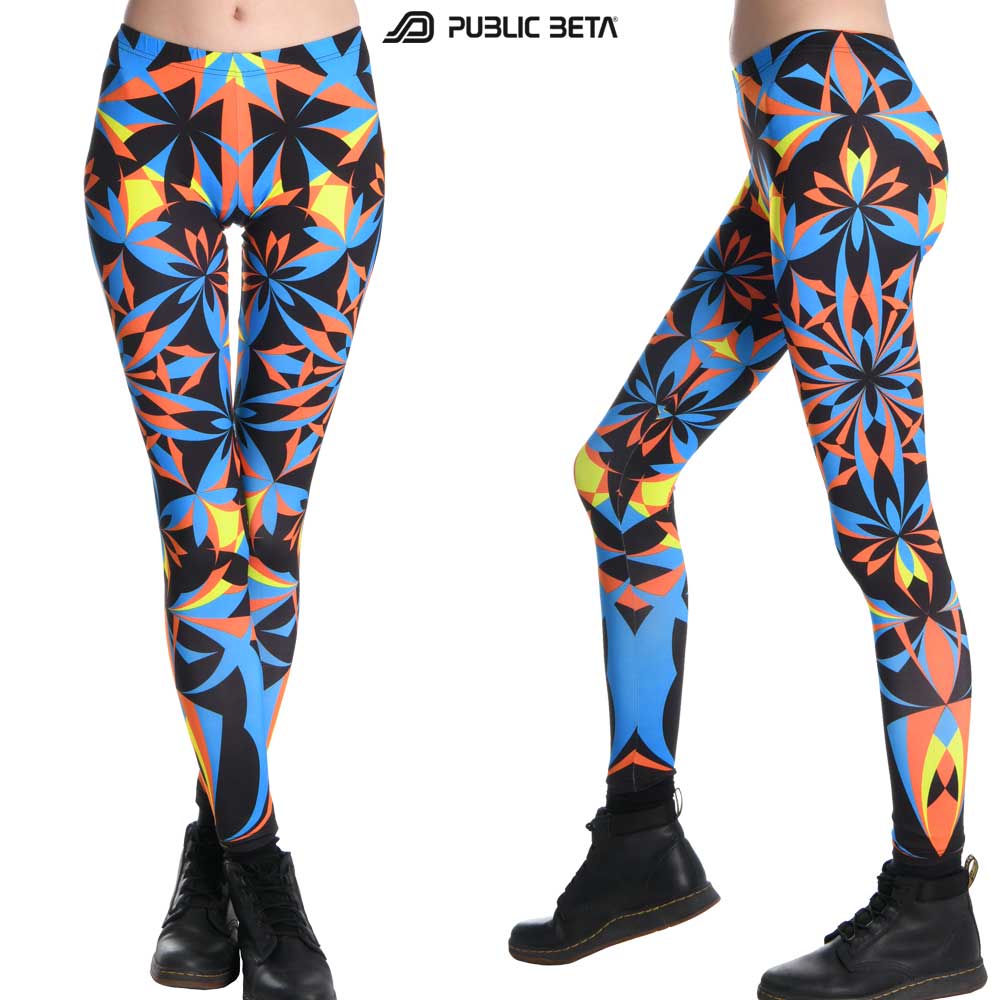 Leggings with geometric UV-reactive print, photographed in natural light