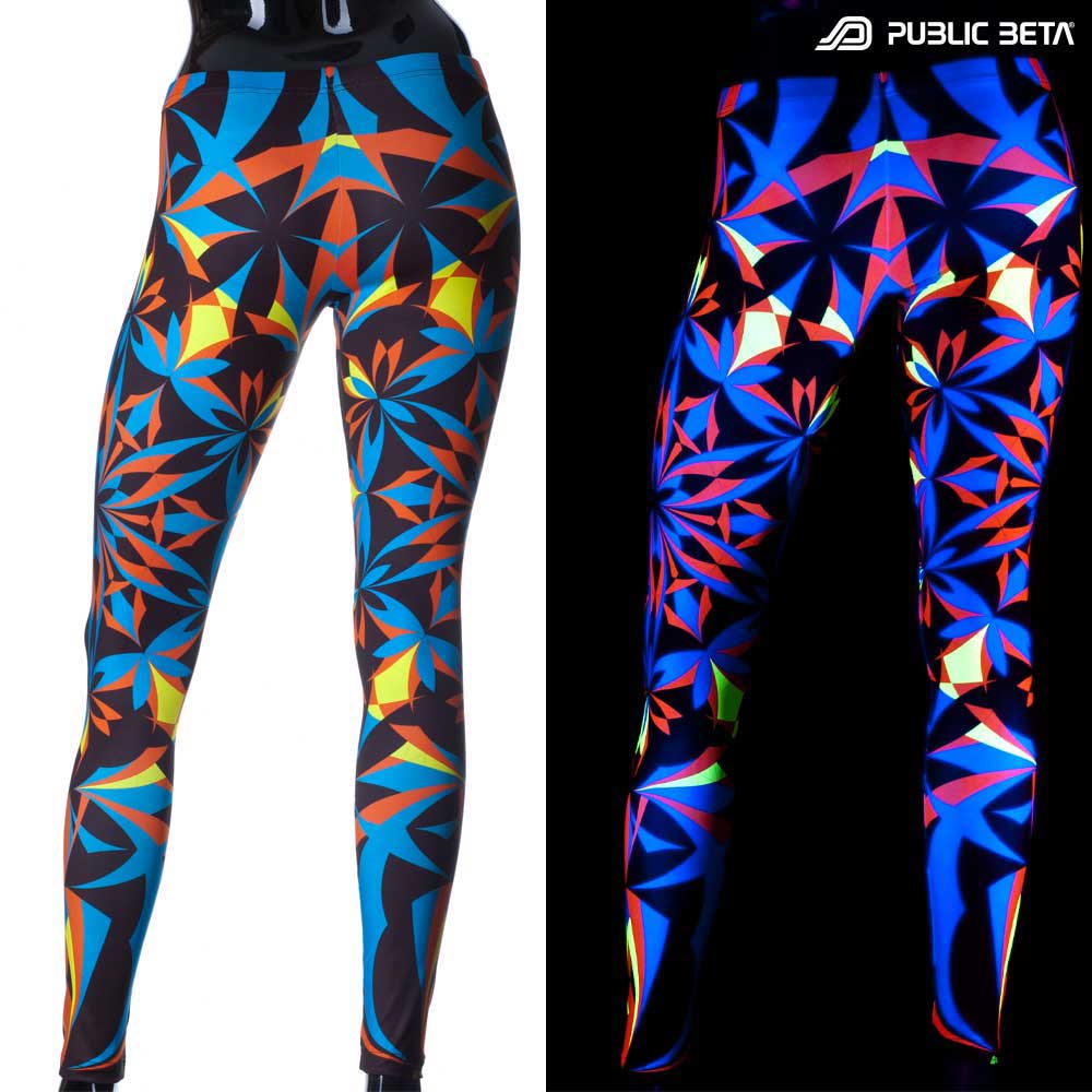 Split image of leggings with geometric UV-reactive print shown in natural light and glowing under blacklight