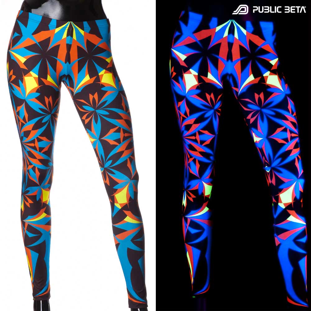 Split image of leggings with geometric UV-reactive print shown in natural light and glowing under blacklight