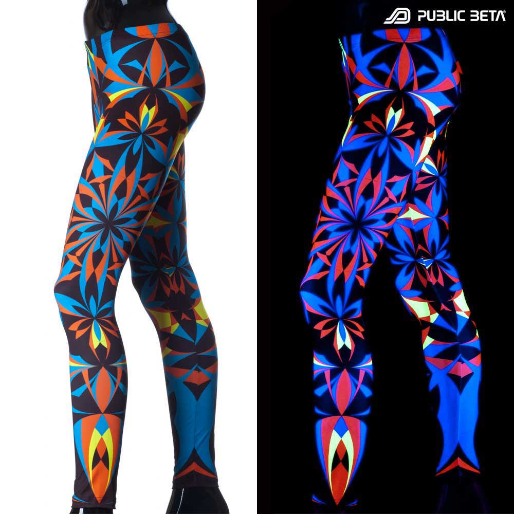 Split image of leggings with geometric UV-reactive print shown in natural light and glowing under blacklight