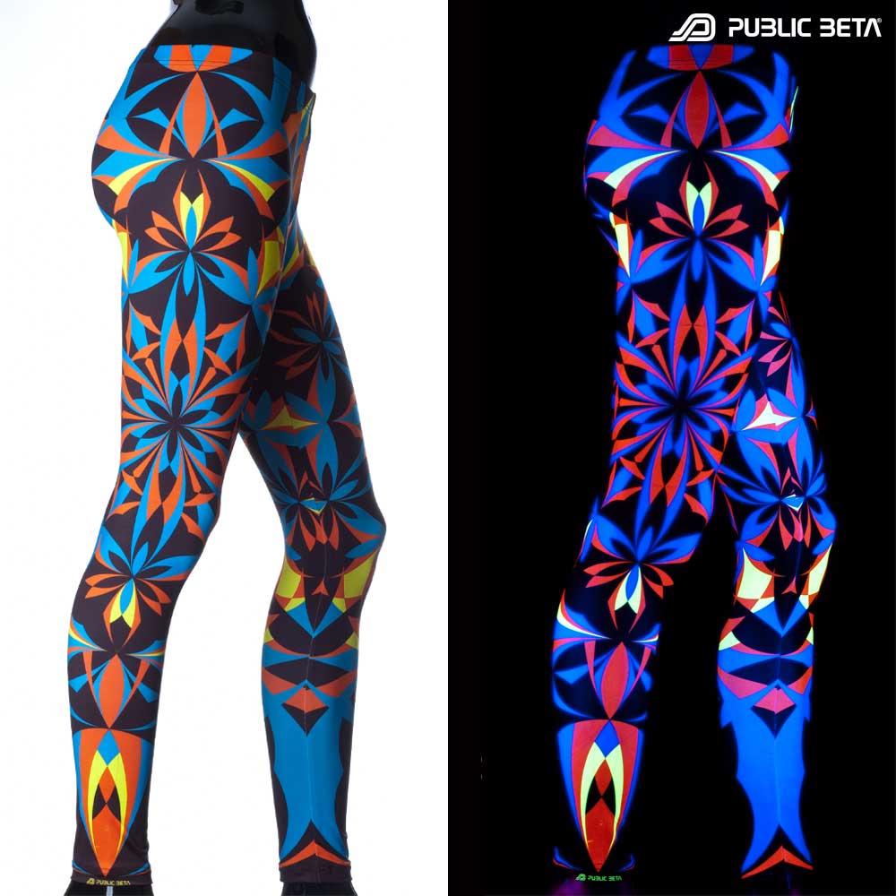Split image of leggings with geometric UV-reactive print shown in natural light and glowing under blacklight