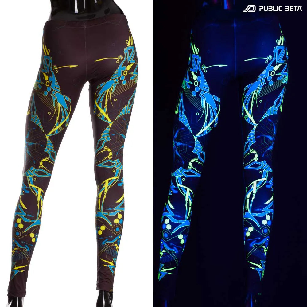 Split image of leggings with uv-reactive graphics shown in natural light and glowing under blacklight
