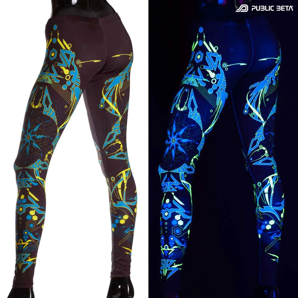 Split image of leggings with uv-reactive graphics shown in natural light and glowing under blacklight