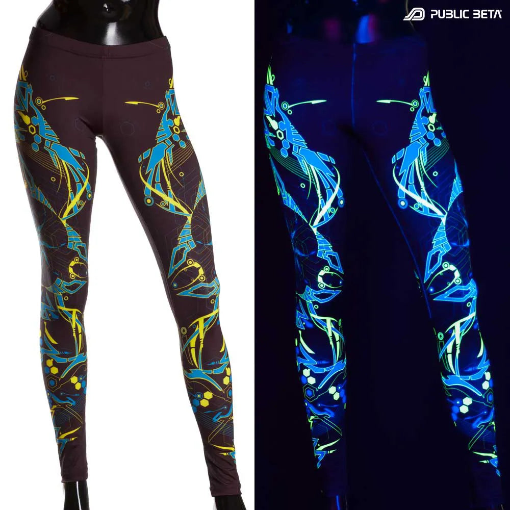 Split image of leggings with uv-reactive graphics shown in natural light and glowing under blacklight