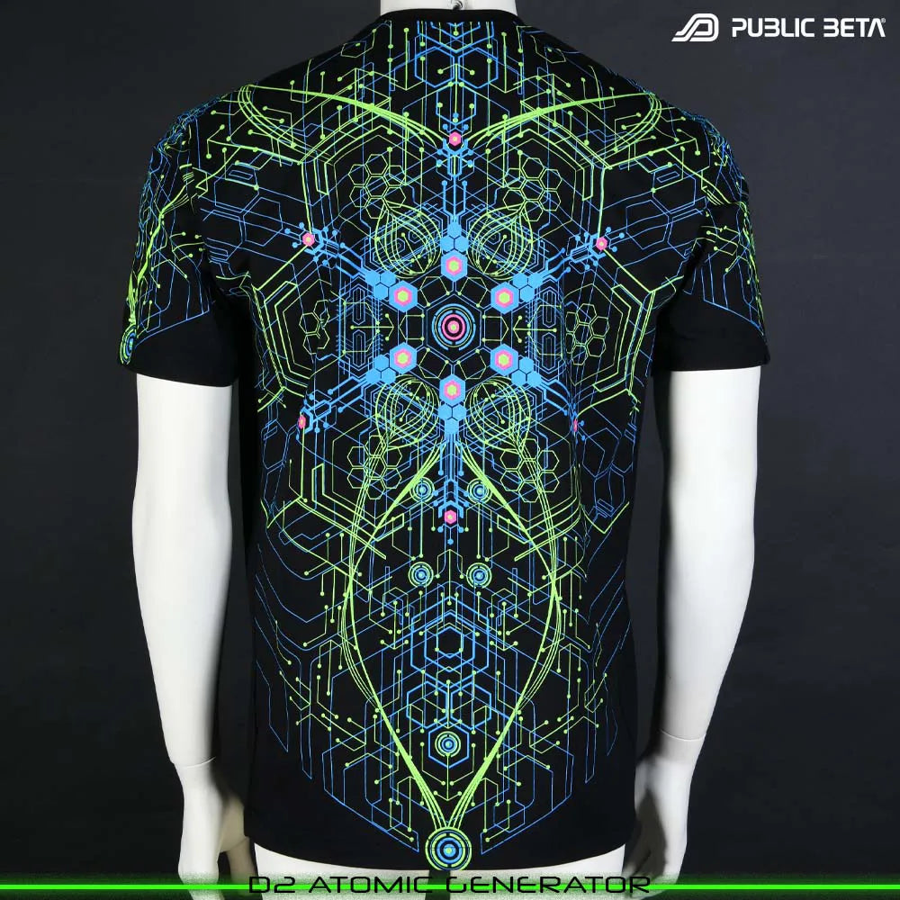 T-shirt with organic UV-reactive print, photographed in natural light