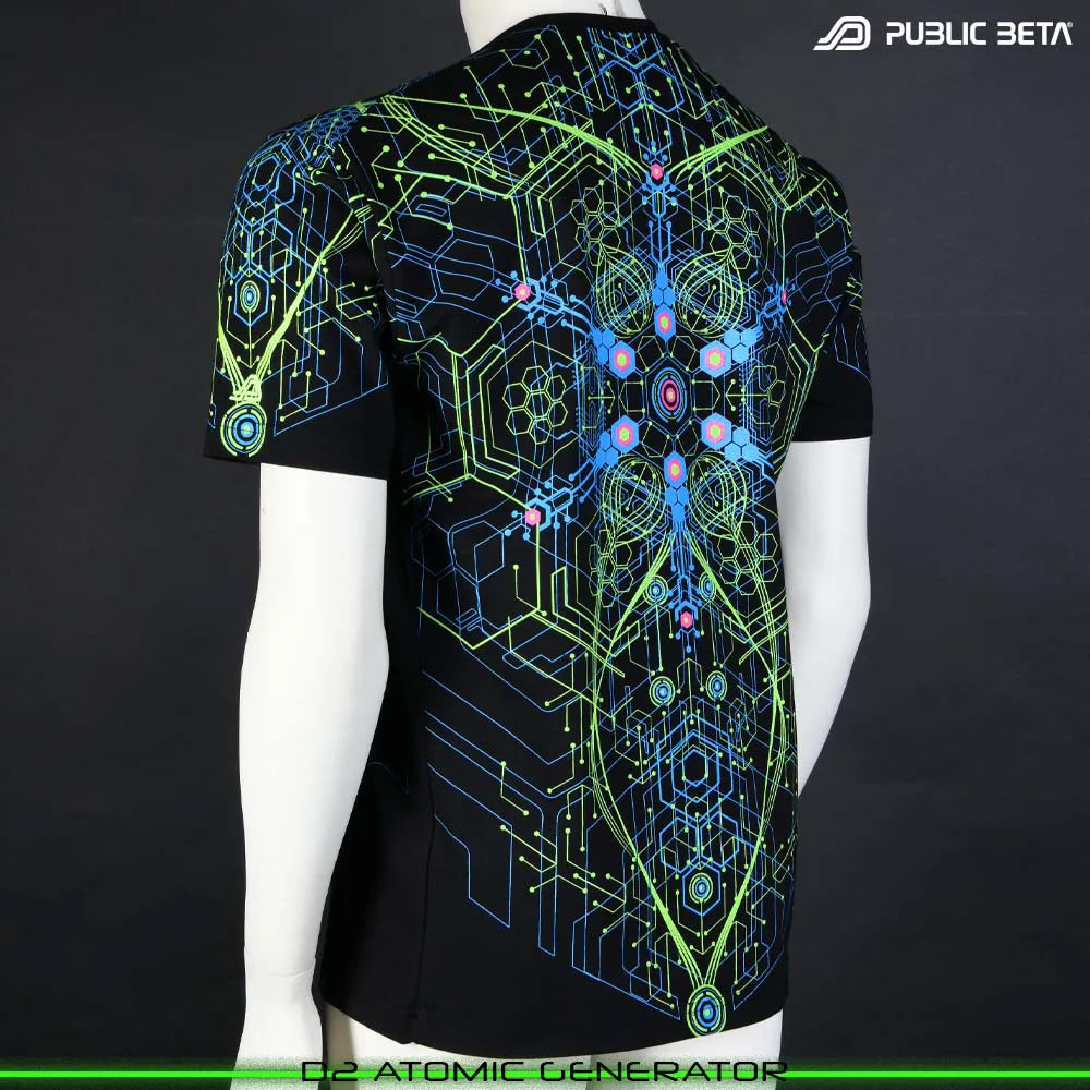 T-shirt with organic UV-reactive print, photographed in natural light