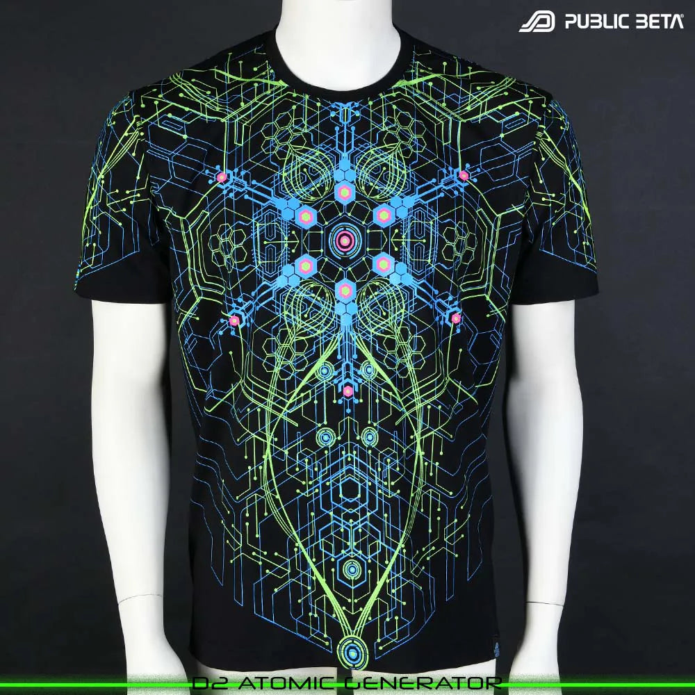 T-shirt with organic UV-reactive print, photographed in natural light