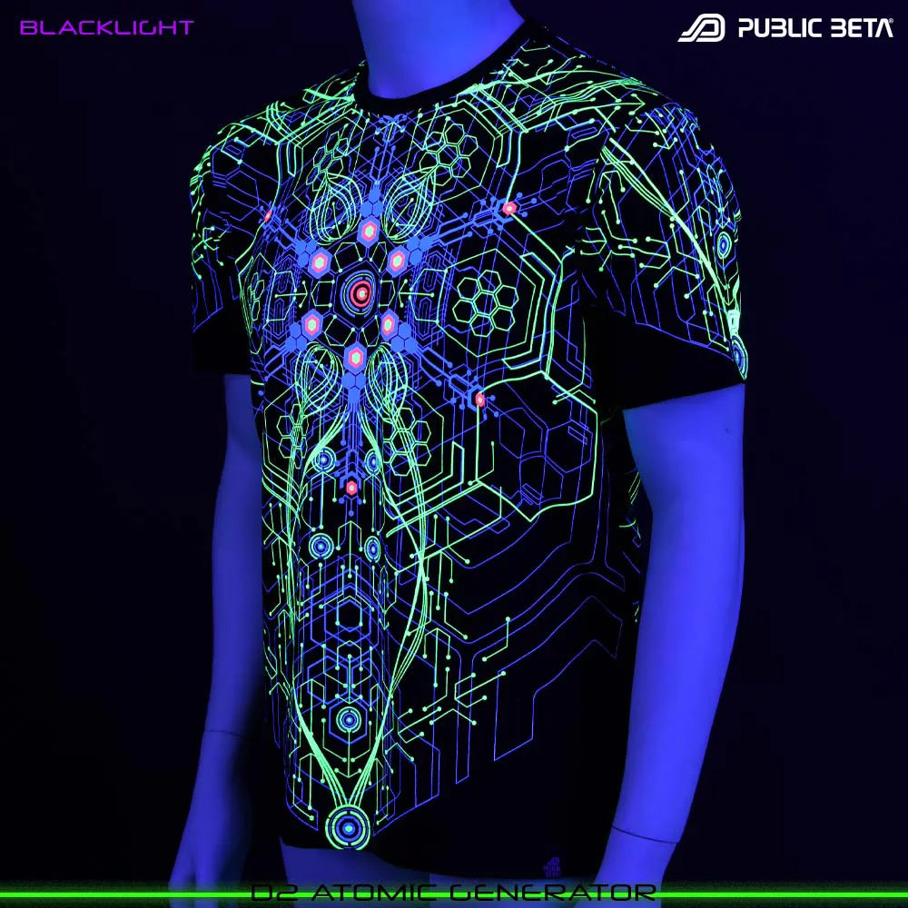 T-shirt with organic UV-reactive print glowing under blacklight