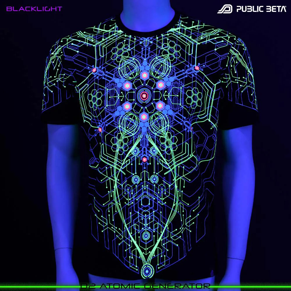 T-shirt with organic UV-reactive print glowing under blacklight