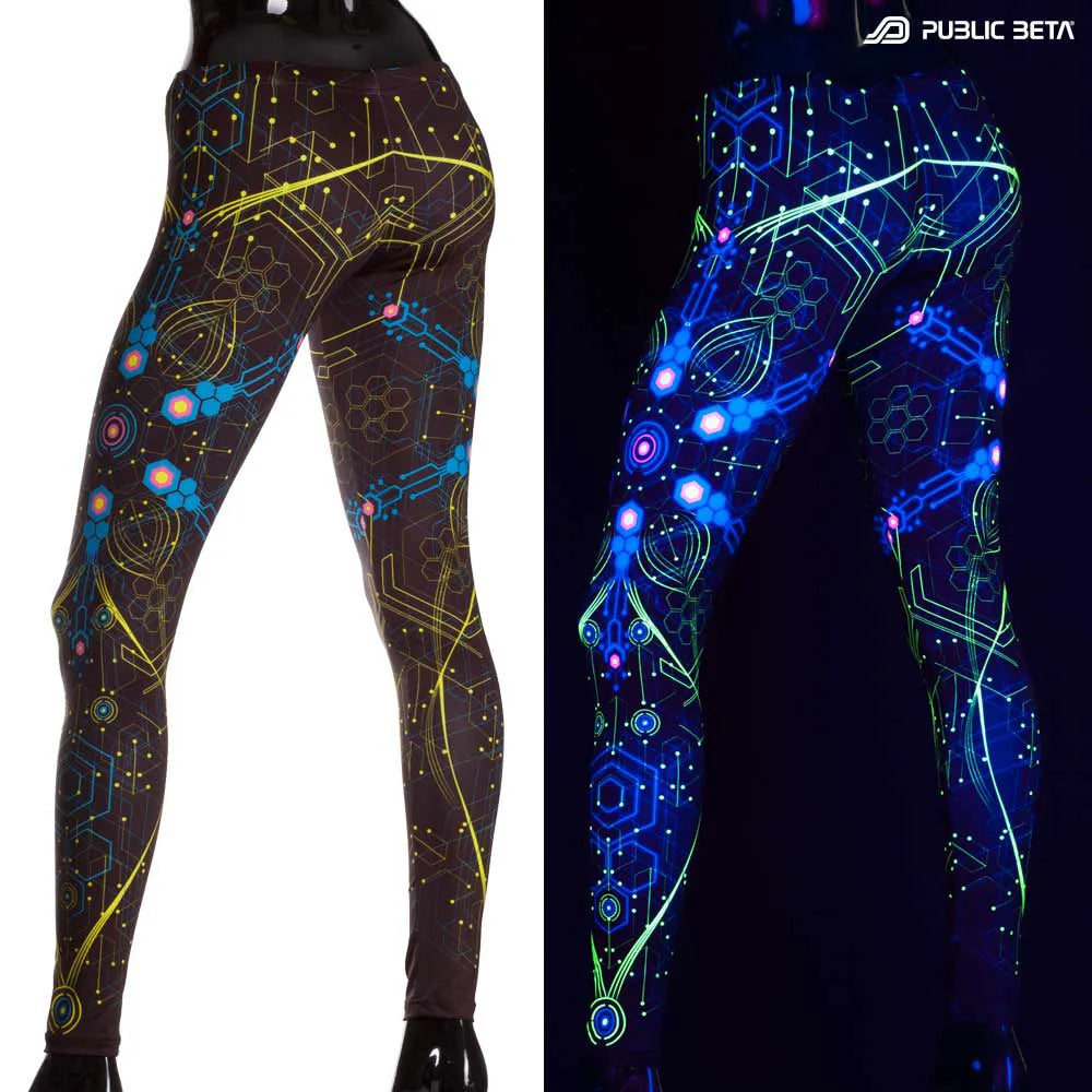 Uv reactive psychedelic art printed leggings shown in natural light and glowing under blacklight split image view