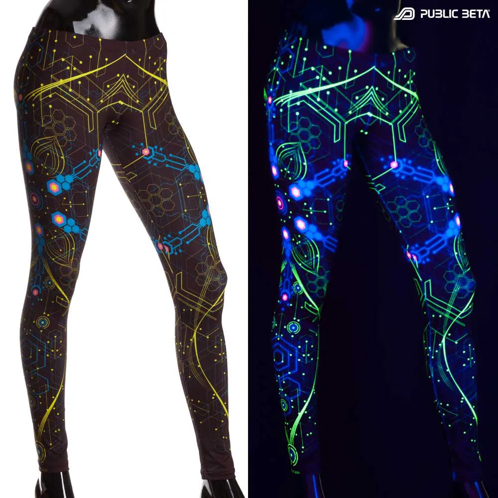 Uv reactive psychedelic art printed leggings shown in natural light and glowing under blacklight split image view