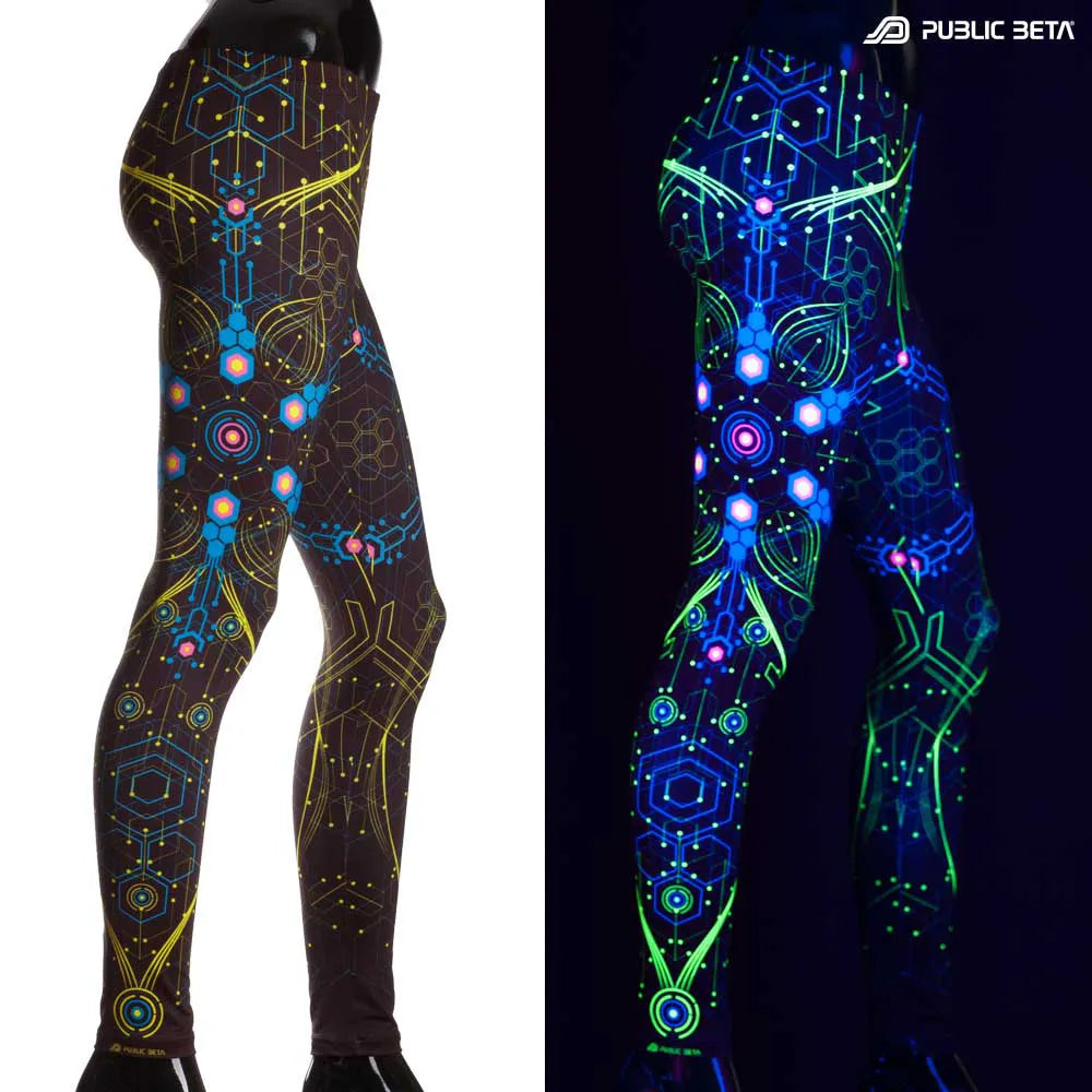 Uv reactive psychedelic art printed leggings shown in natural light and glowing under blacklight split image view
