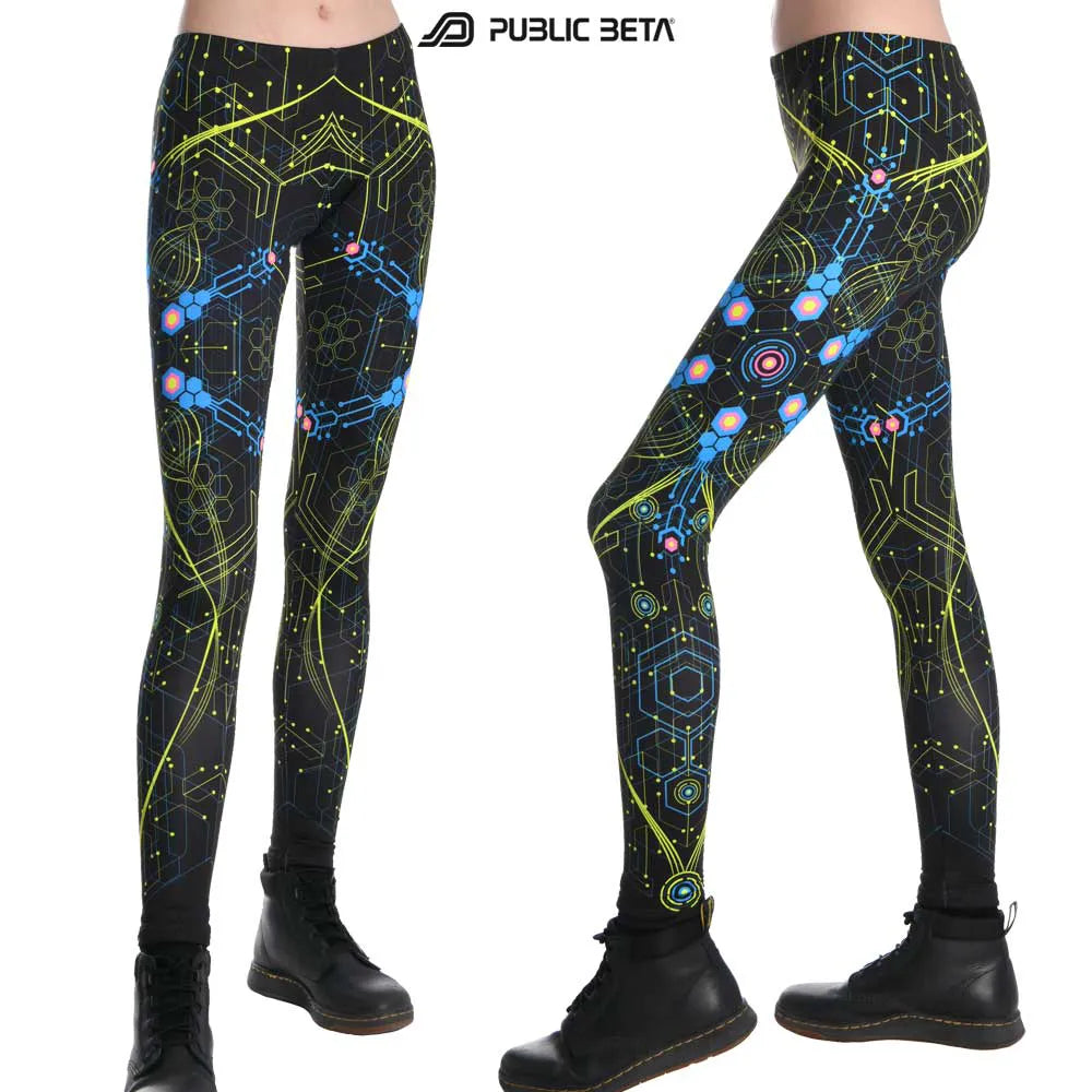Uv reactive psychedelic art printed leggings shown in natural light 