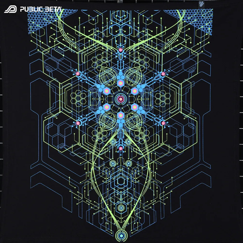 Wallhanging with geometric UV-reactive graphics, photographed in natural light