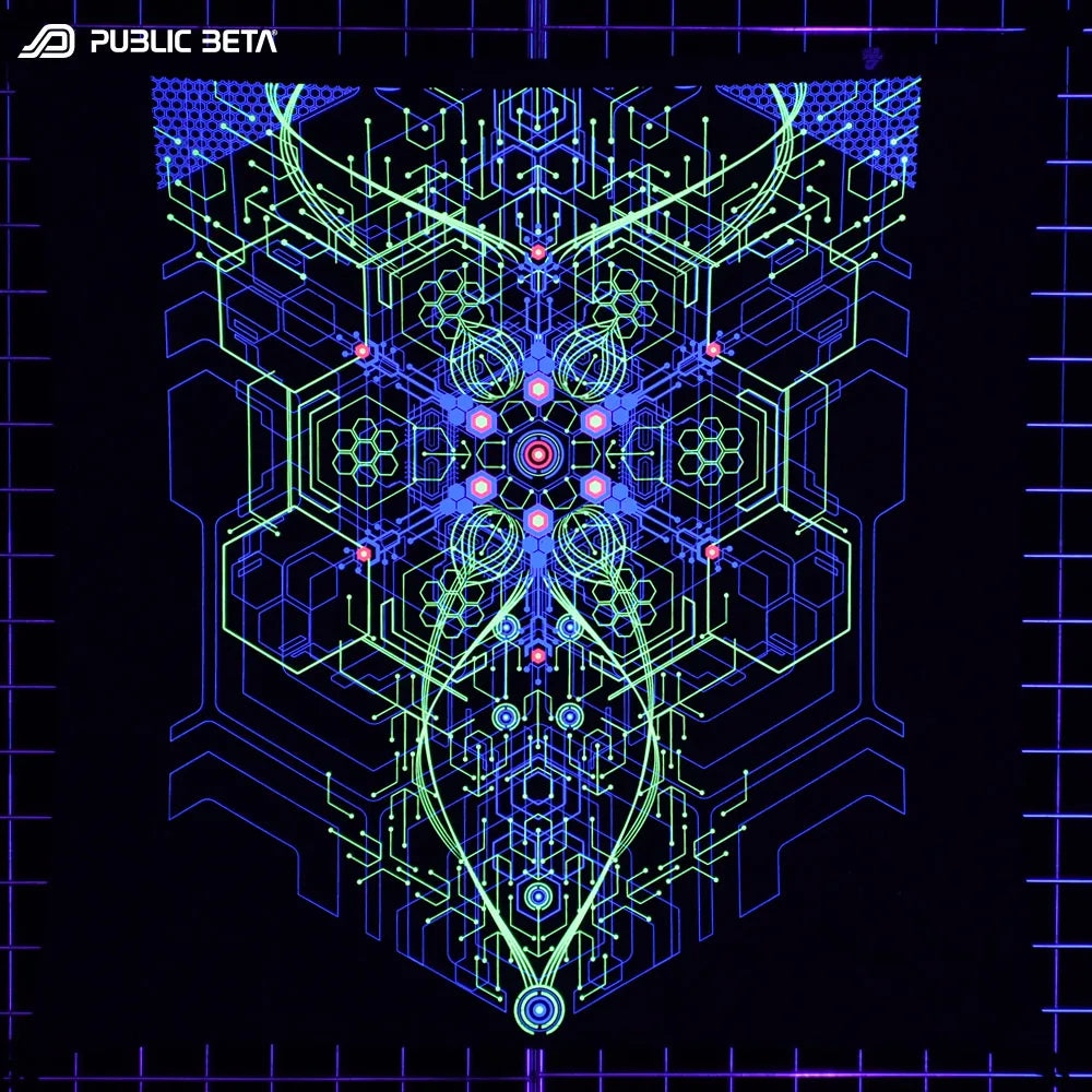Wallhanging with UV-reactive psychedelic art print glowing under blacklight