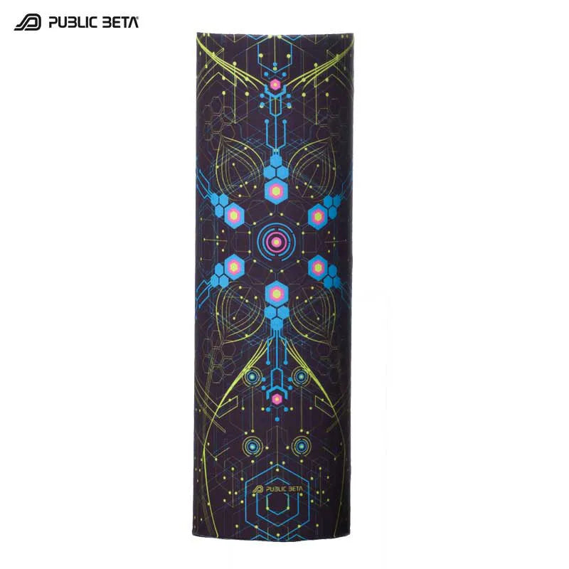 Tube scarf with geometric UV-reactive graphics, photographed in natural light
