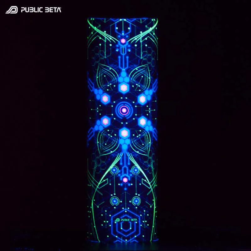 Tube scarf with geometric UV-reactive graphics glowing under blacklight