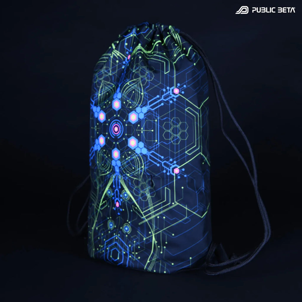 Drawstring bag with UV-reactive psychedelic art graphics 