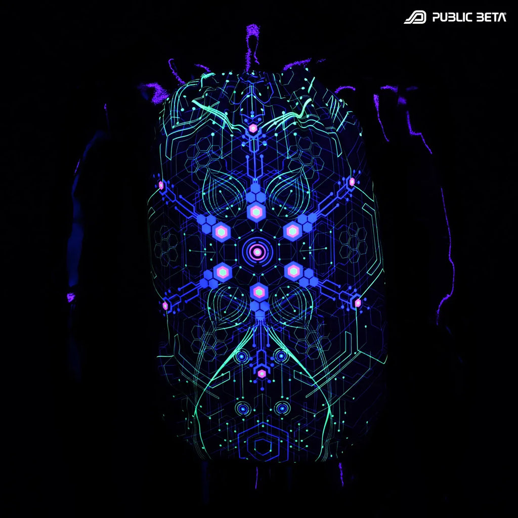 D2 Atomic Generator drawstring bag with UV-reactive graphics glowing under blacklight