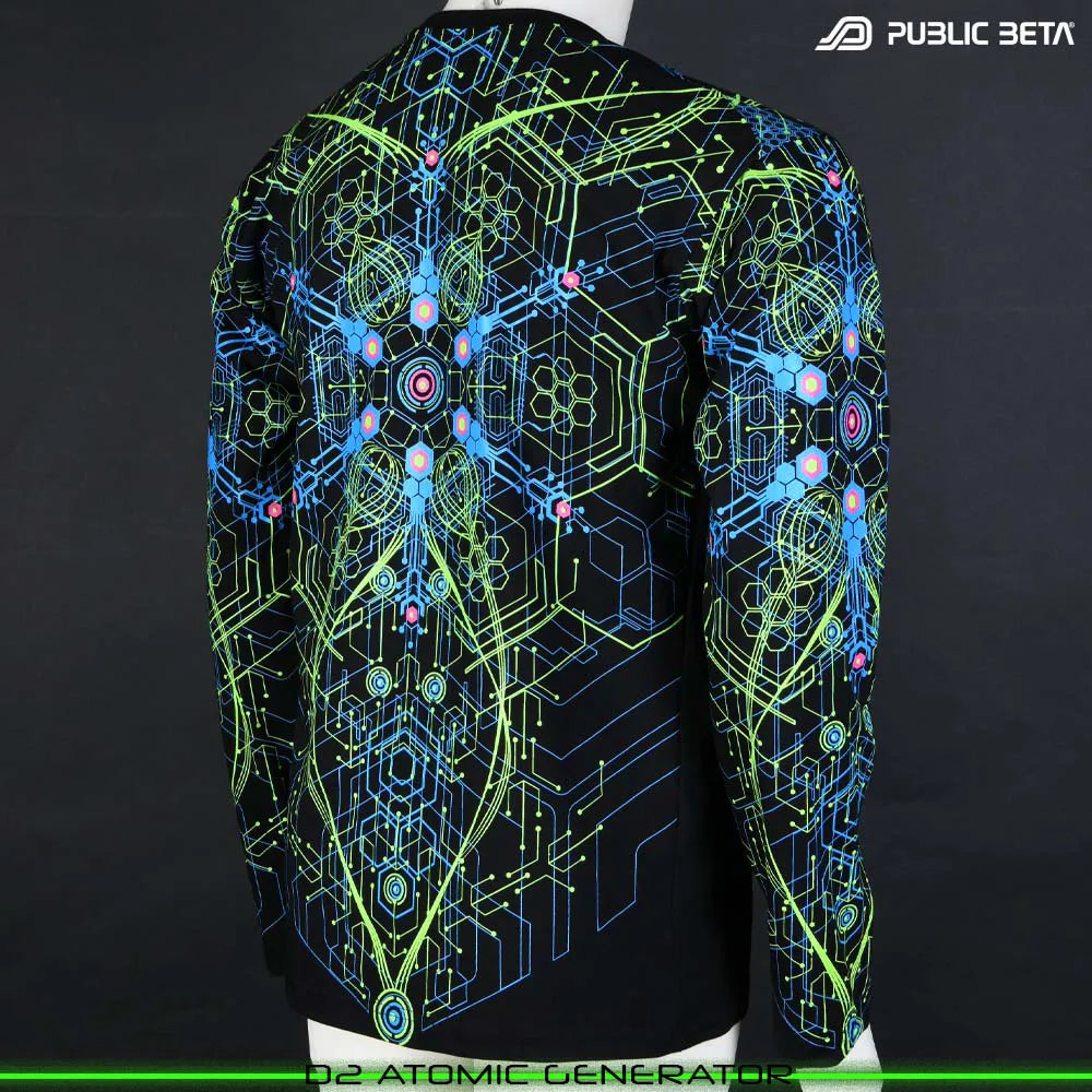Longsleeve with geometric UV-reactive graphics, photographed in natural light