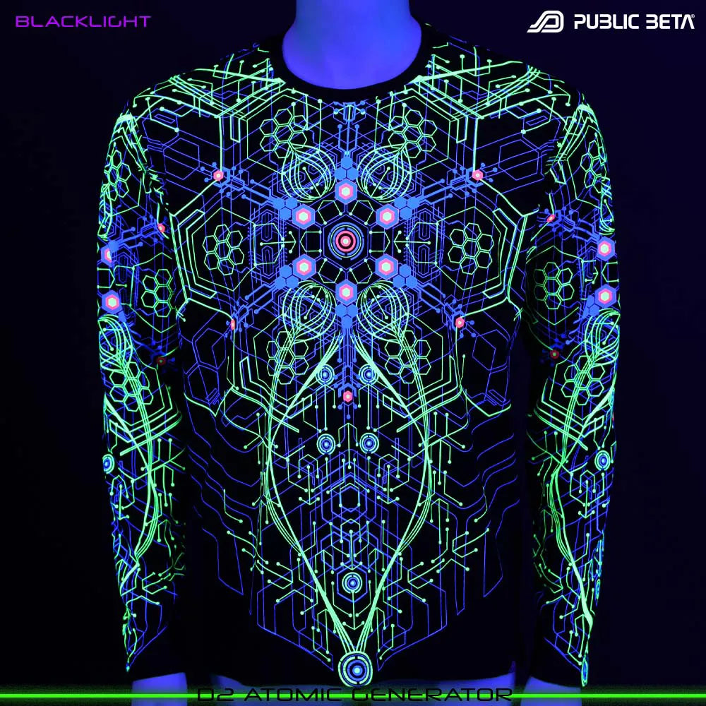 Longsleeve with UV-reactive psychedelic art print glowing under blacklight