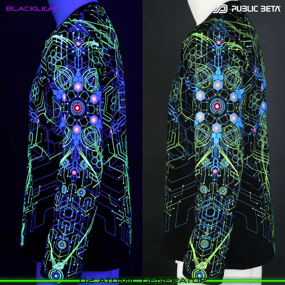 Split image of a longsleeve shirt  with uv-reactive graphics shown in natural light and glowing under blacklight