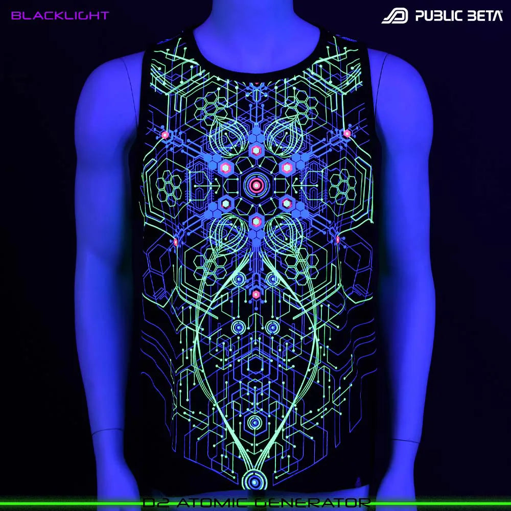 Sleeveless shirt with UV-reactive psychedelic print glowing under blacklight